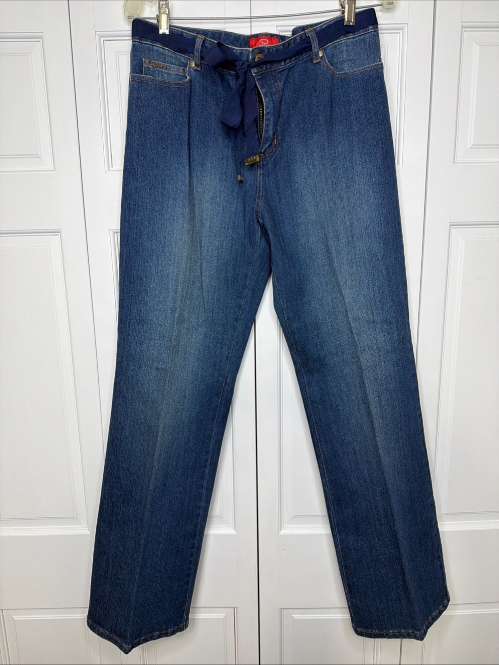 Oscar de la Renta Women’s Straight-Leg Denim Jeans Size 12 Dark Wash Ribbon Tie